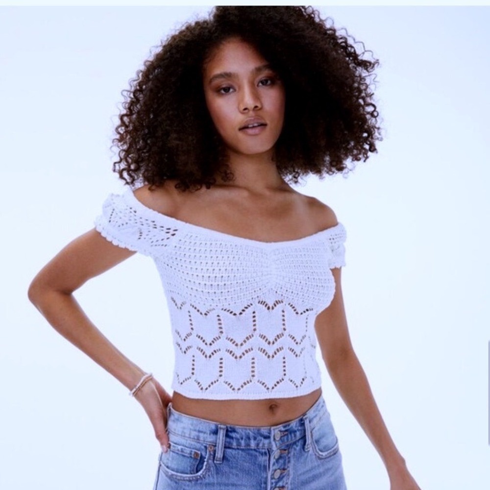 Light Blue Pointelle Knit Cropped Top Sweetheart Neck S Coquette Festival Boho